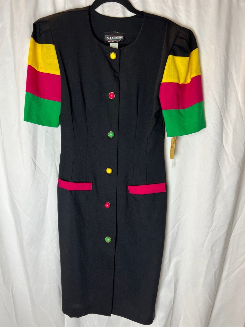 SL Fashions Black Midi Dress with Yellow, Pink & Green Sleeve Panels